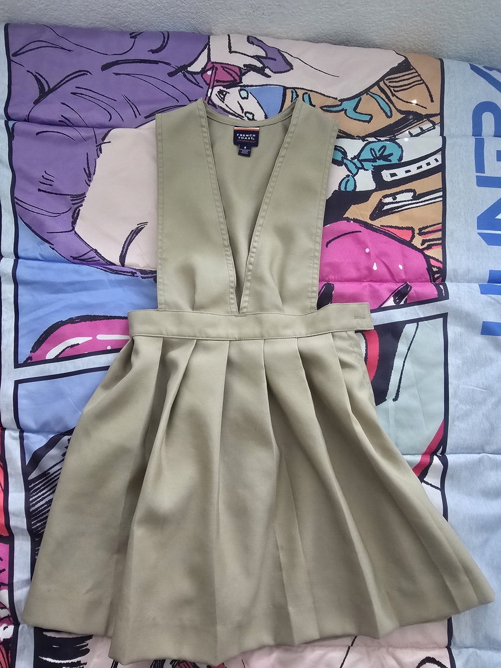 French Toast Khaki Pleated V-Neck School Dress